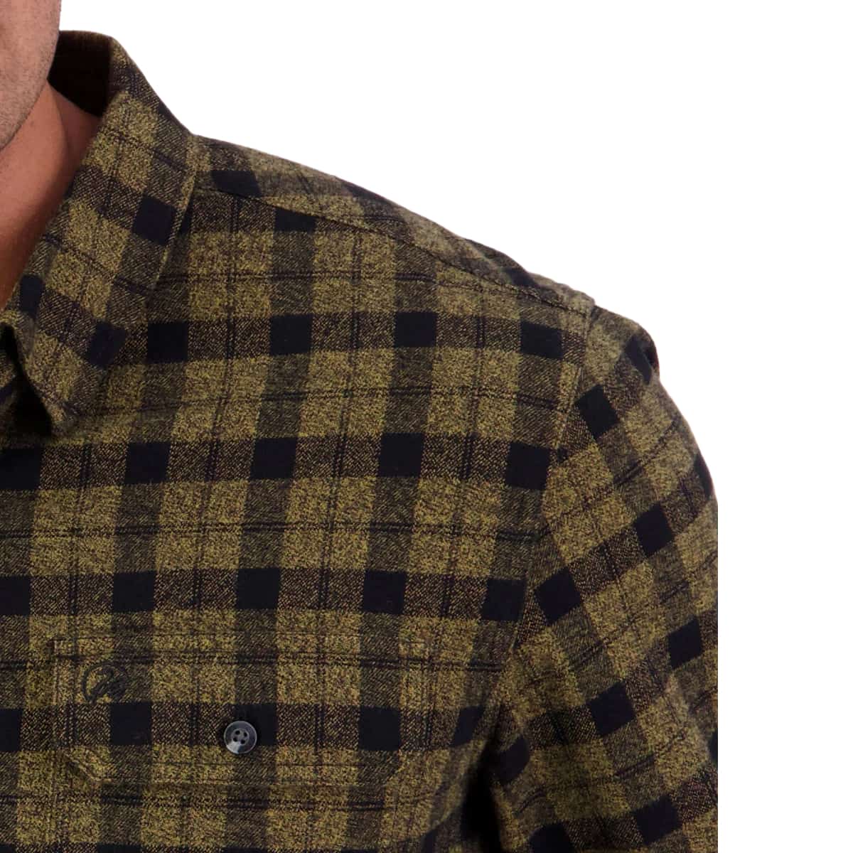 Close-up of a men's long-sleeve plaid flannel shirt with a button-down front, featuring a black and olive green checkered pattern.