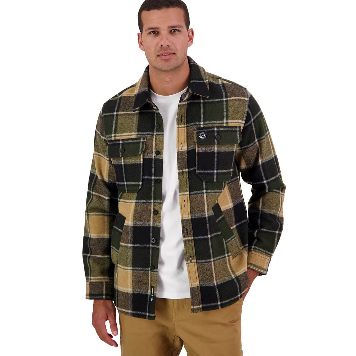 Man wearing a plaid shirt over a white t-shirt on a white background