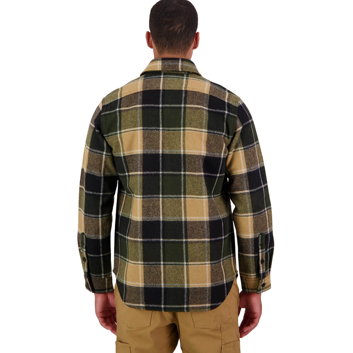 Man wearing a plaid shirt and beige pants on a white background