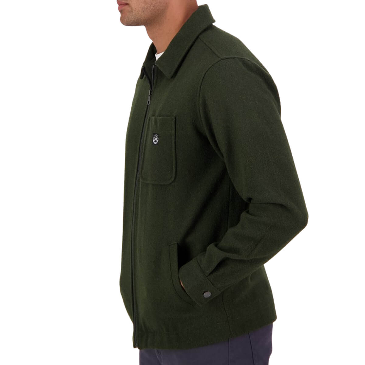 Green jacket worn by a person on a white background