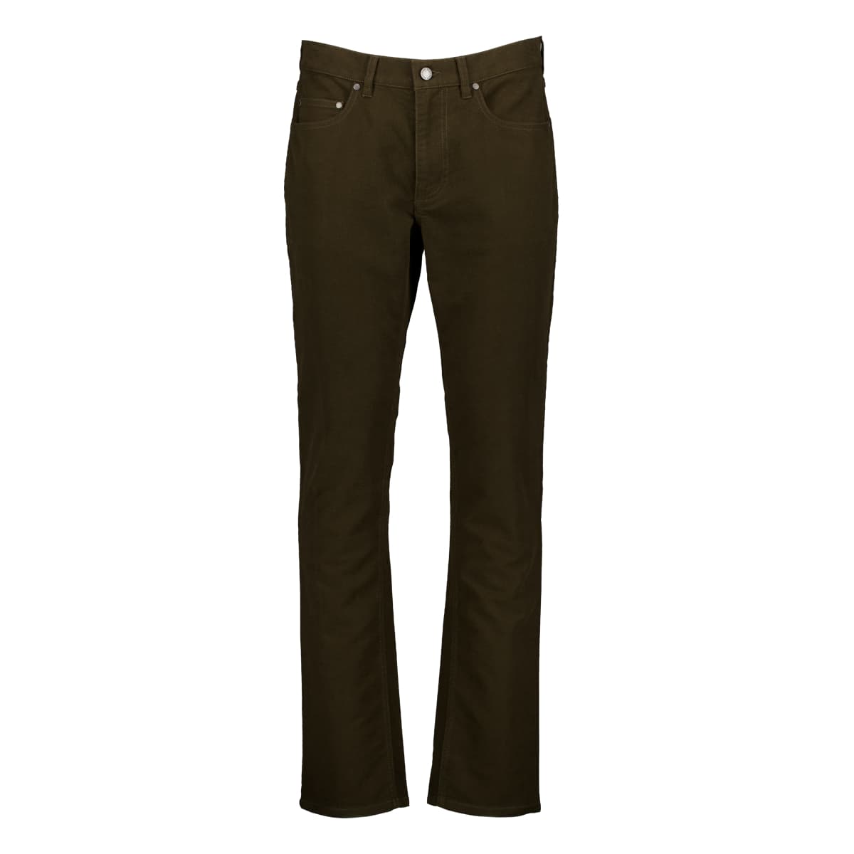 A pair of Swanndri dark olive green straight-leg moleskin jeans shown flat against a solid white background.