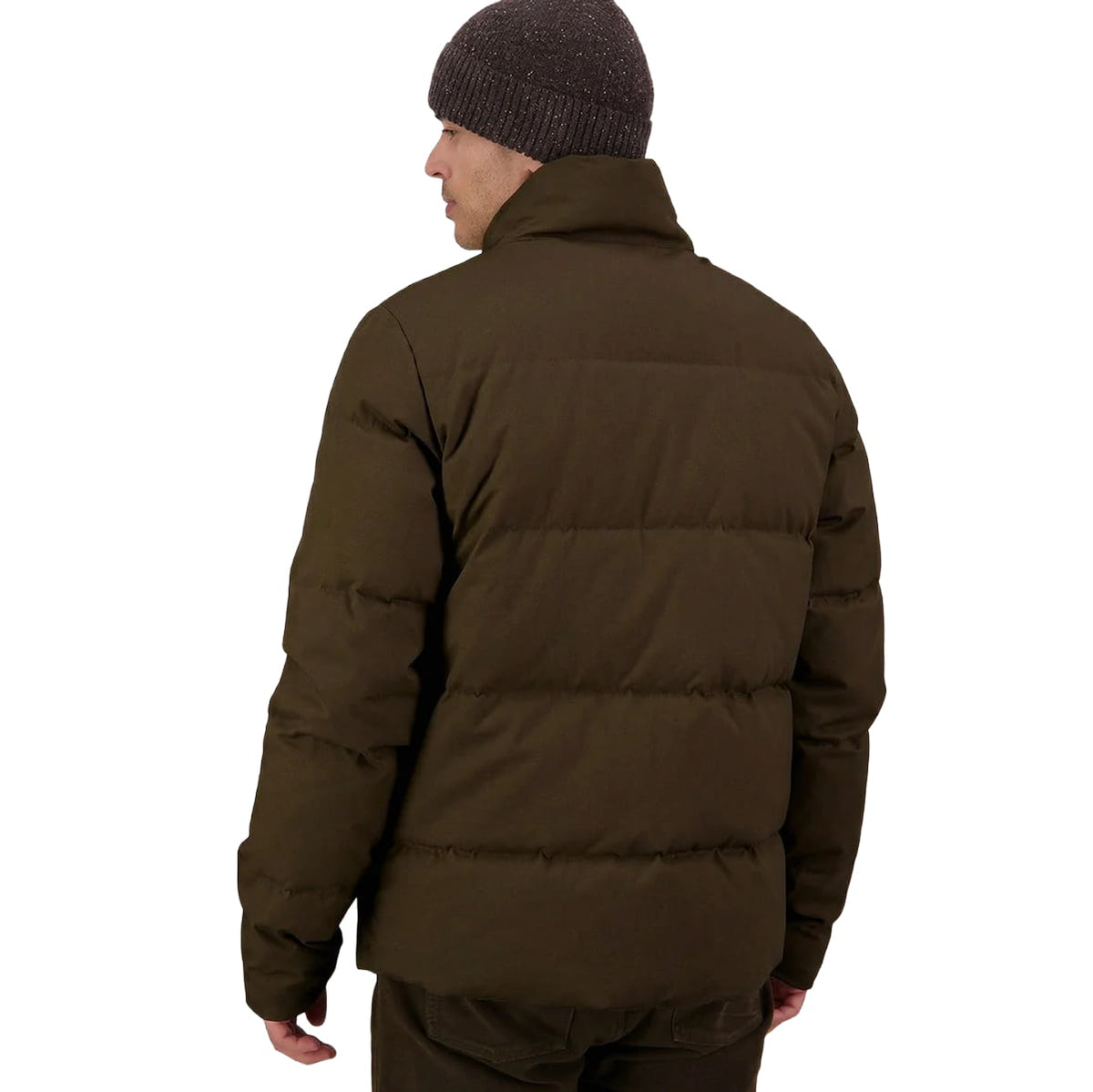 A man wearing a Swanndri Nimbus Down Jacket and a dark knit beanie, shown from the back against a plain white background.