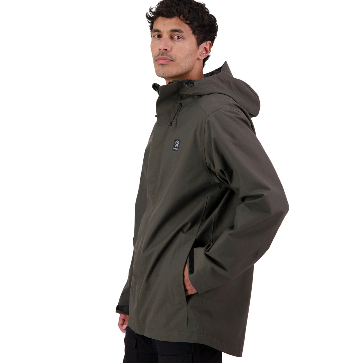 A man wearing a dark olive green hooded jacket, shown from a side profile against a solid white background.