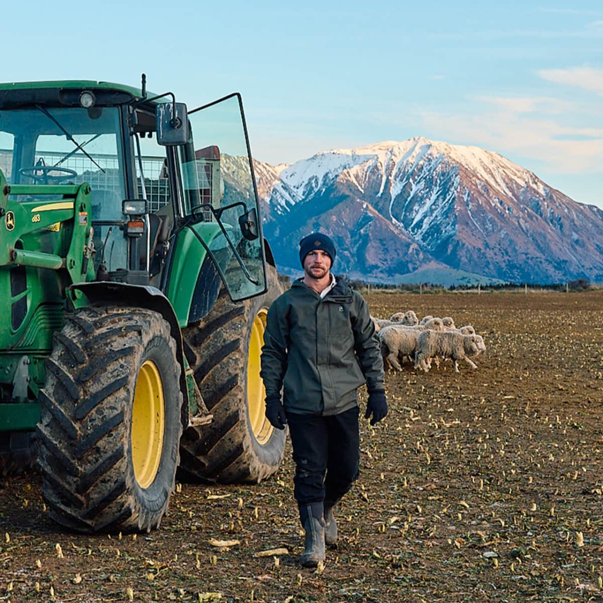 A man in a dark jacket and beanie walks beside a large green John Deere tractor in a harvested field, with snow-capped mountains in the background and sheep visible behind him.