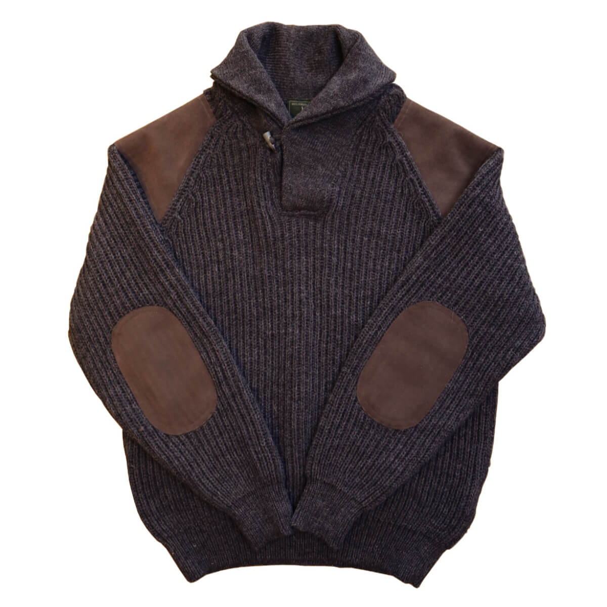 Dark gray sweater with brown leather patches on a white background