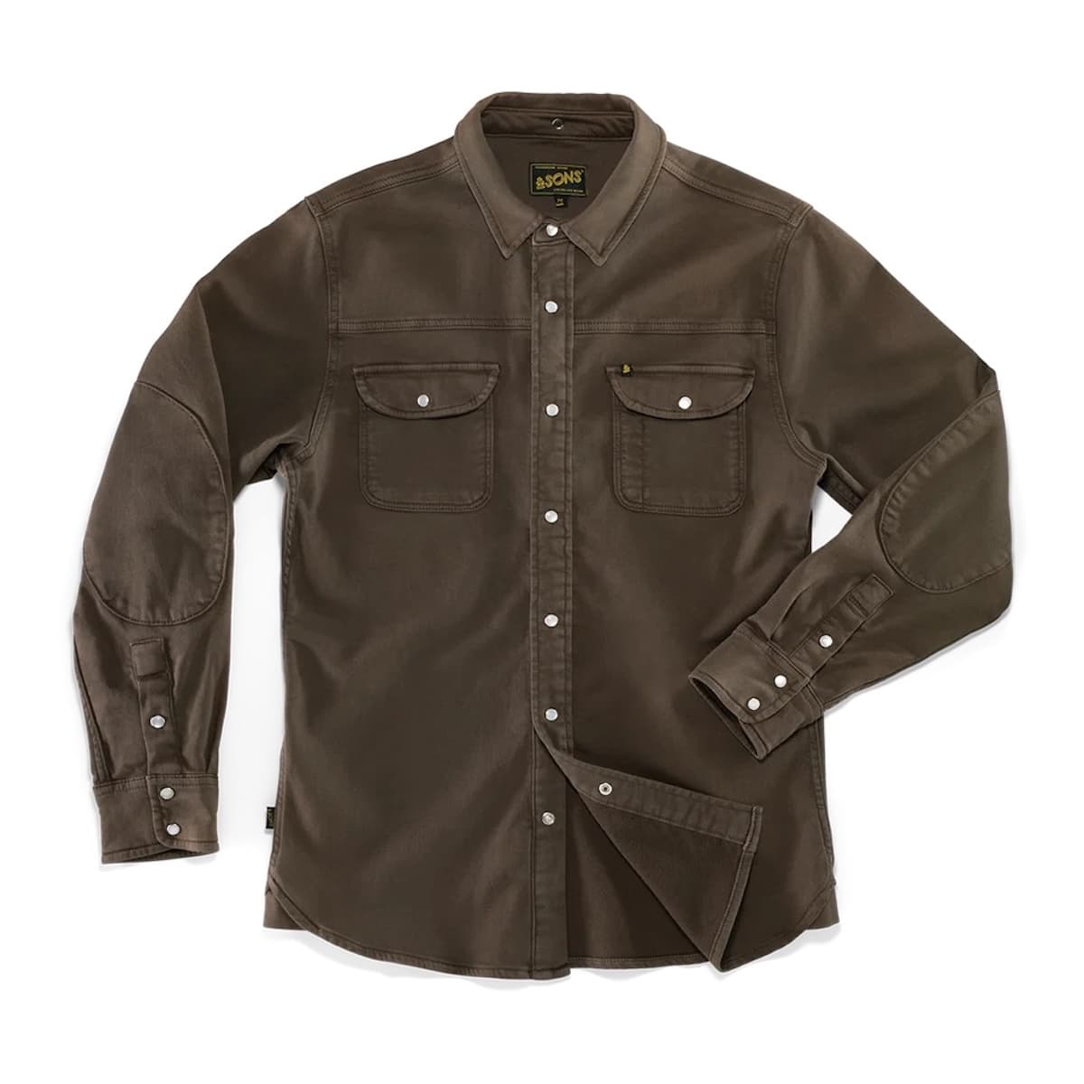 A dark brown &SONS  long-sleeve button-up Sunday shirt with dual chest flap pockets and elbow patches, laid flat on a white background.
