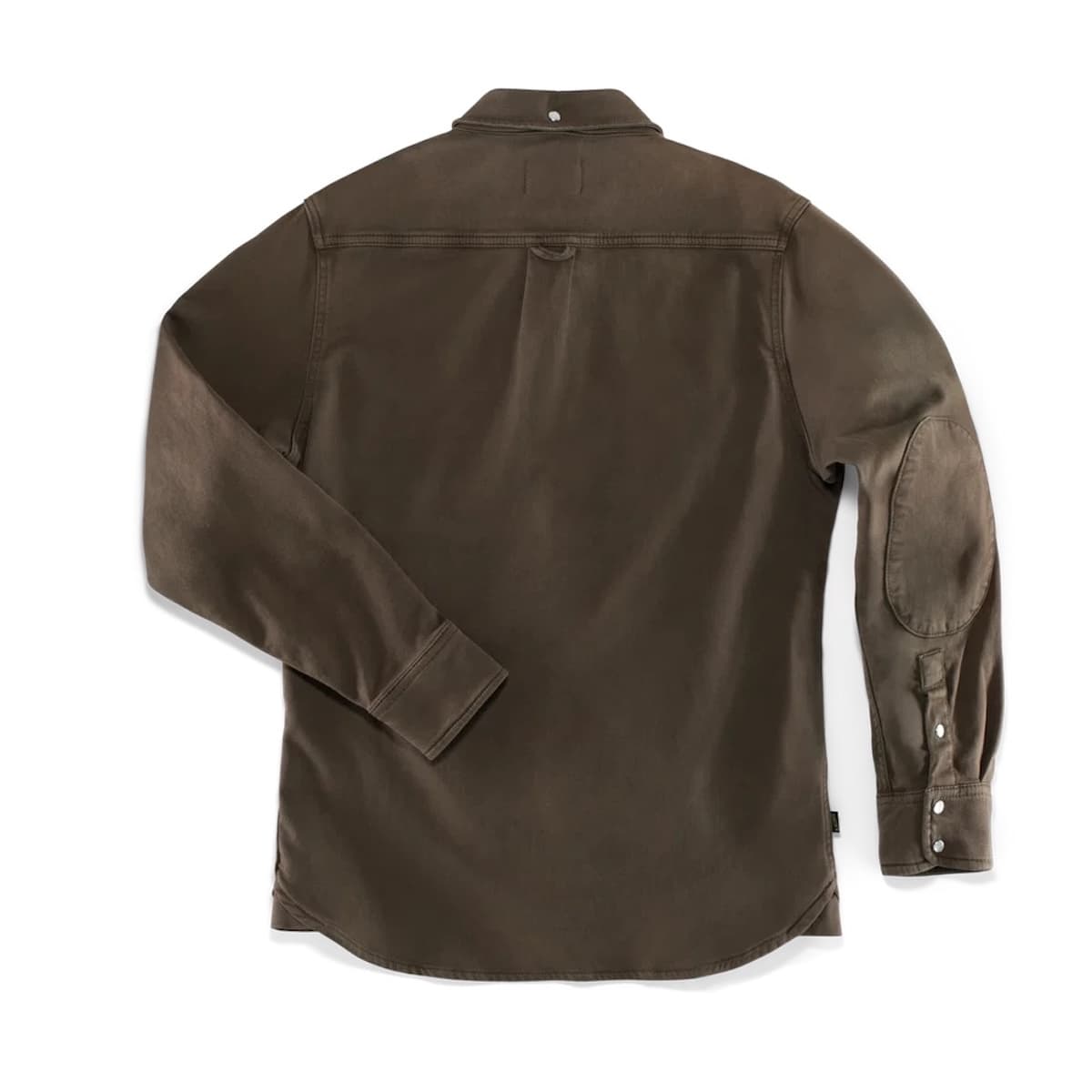 A dark brown &SONS  long-sleeve button-up Sunday shirt with a pointed collar, laid flat against a white background. The shirt features a buttoned chest pocket and elbow patches on the sleeves.