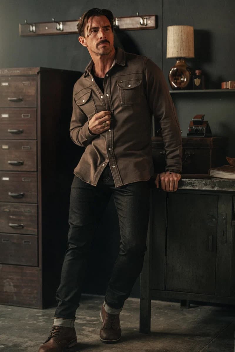 A man wearing a brown button-up shirt jacket, dark jeans, and brown boots stands in a rustic, dimly lit workshop or office setting.