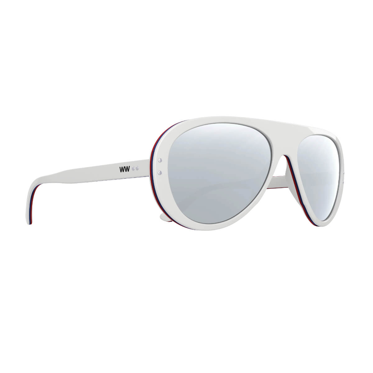 White sunglasses with red accents on a white background