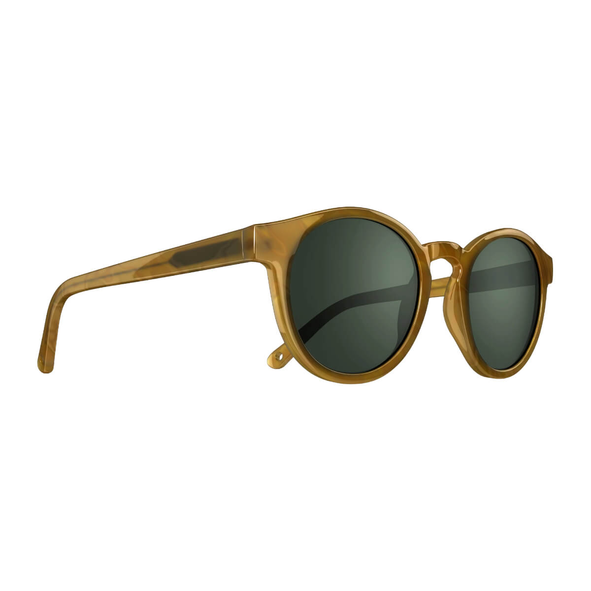 Gold-framed sunglasses with dark lenses on a white background