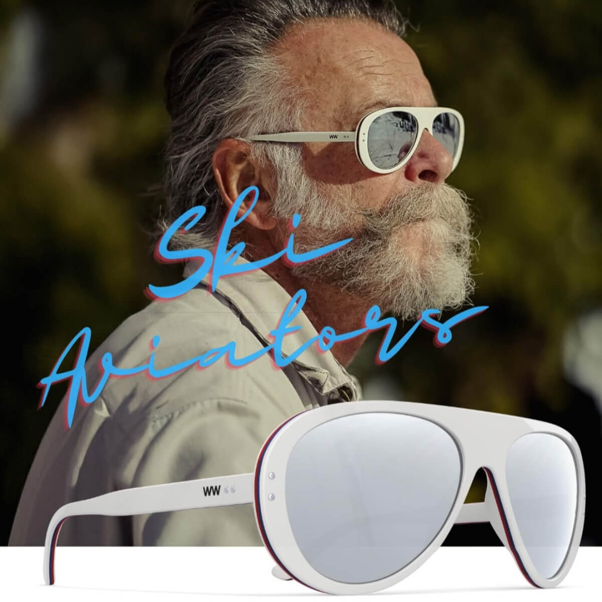 Man wearing sunglasses with 'Ski Aviators' text overlay on a blurred natural background