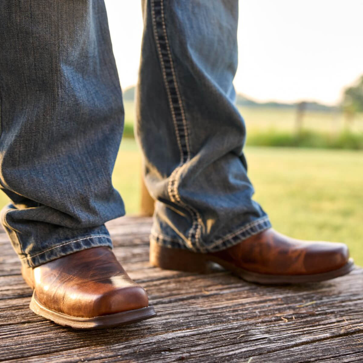 Close-up of brown leather boots and blue jeans on a wooden surface with a blurred natural background.