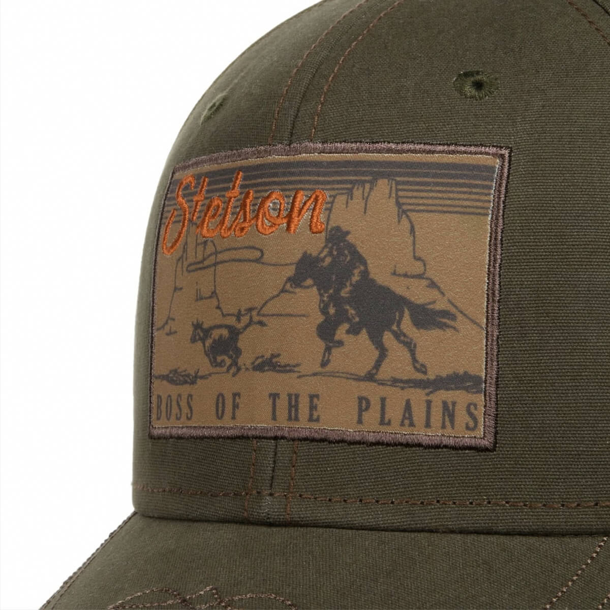 Green cap with Stetson logo and 'Boss of the Plains' design on a white background