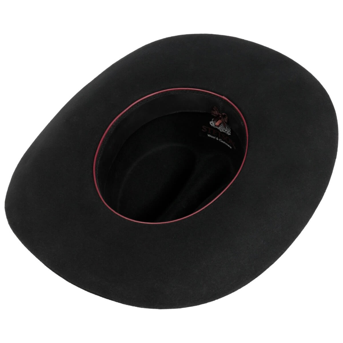 Black hat with red interior trim on a white background