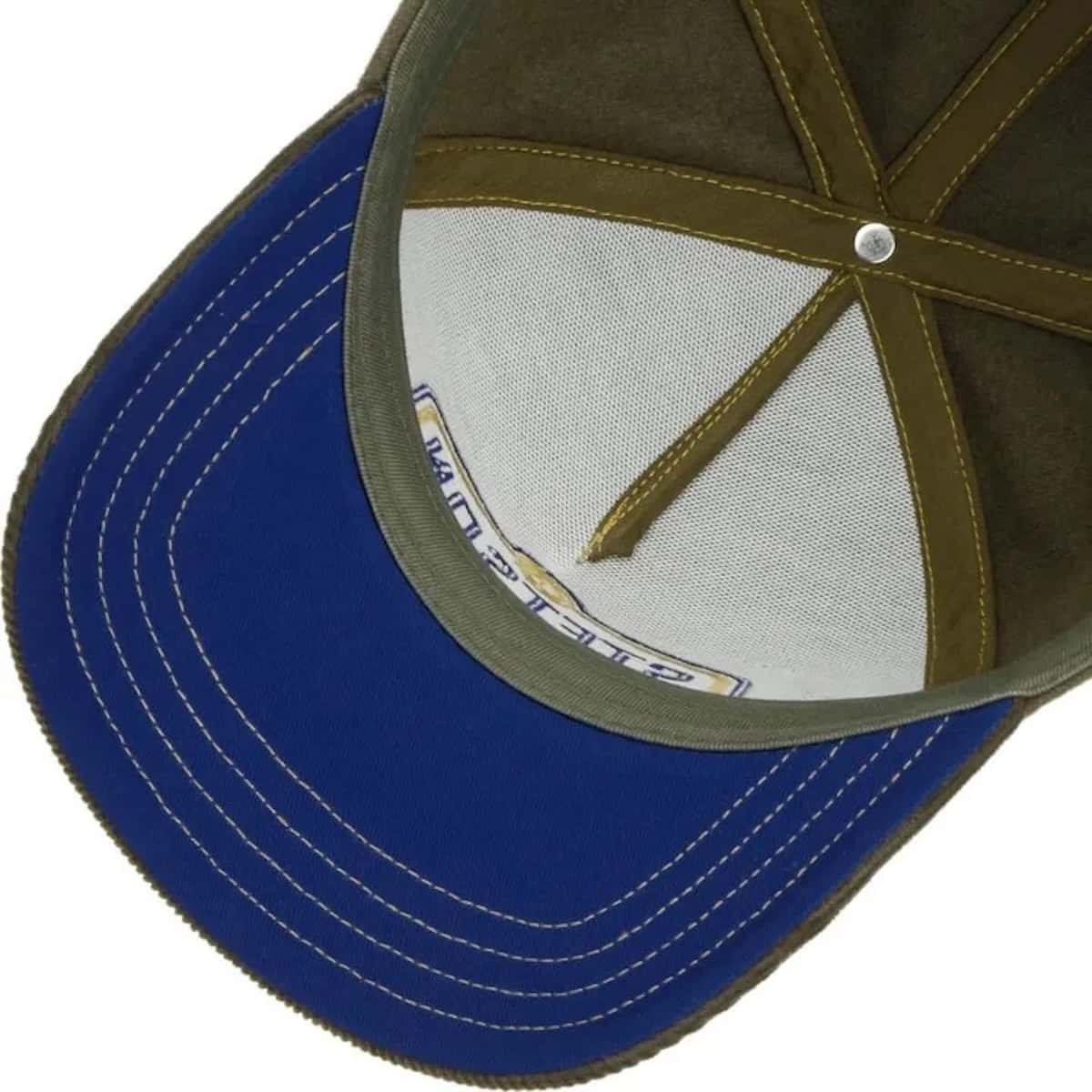 Close-up of the interior and brim of a baseball cap, showing a royal blue brim with white contrast stitching, olive green panels, and a white mesh back.