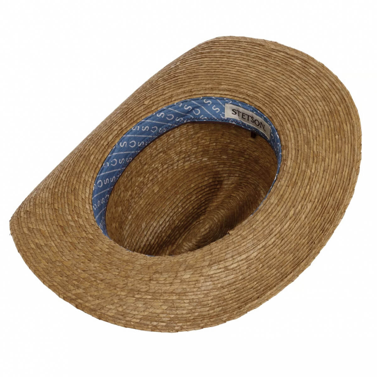 Brown straw hat with blue band on a white background
