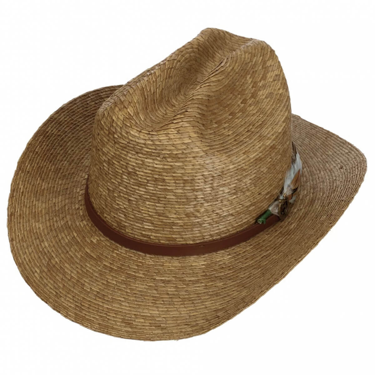 Brown western straw hat with a band on a white background