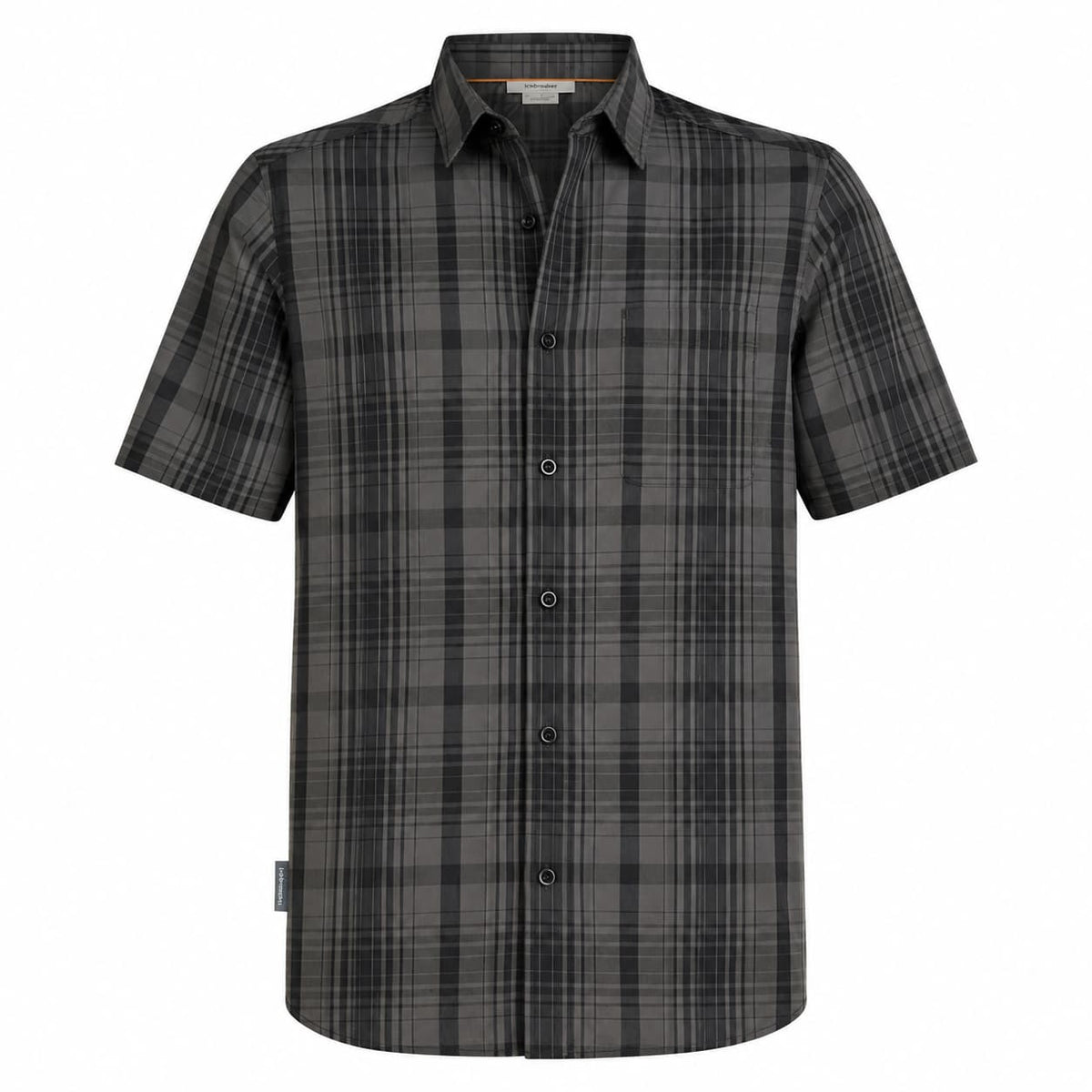 A short-sleeve button-up plaid shirt in dark gray and black, shown against a plain white background.