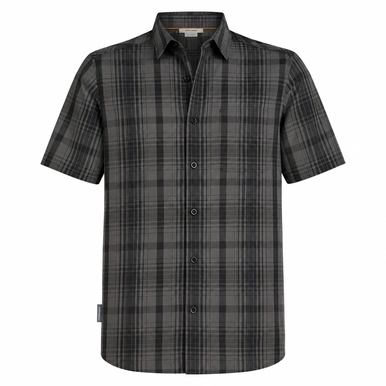 A short-sleeve button-up plaid shirt in dark gray and black, shown against a plain white background.