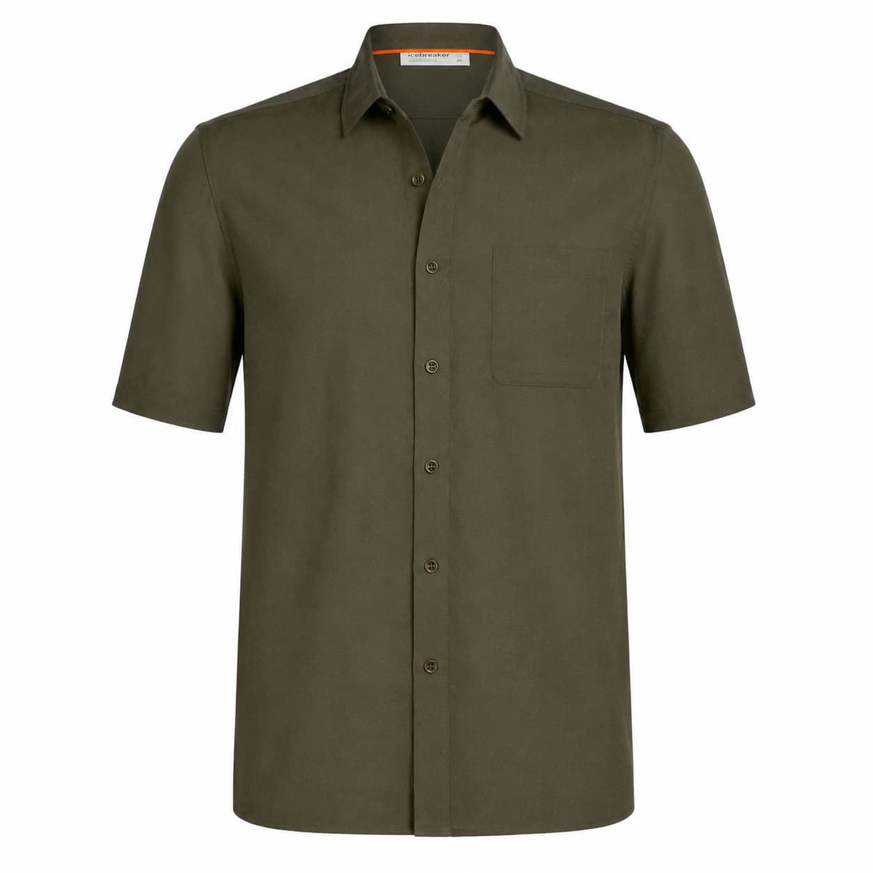 An olive green short-sleeve button-up shirt with a single chest pocket, displayed on a clean white background.
