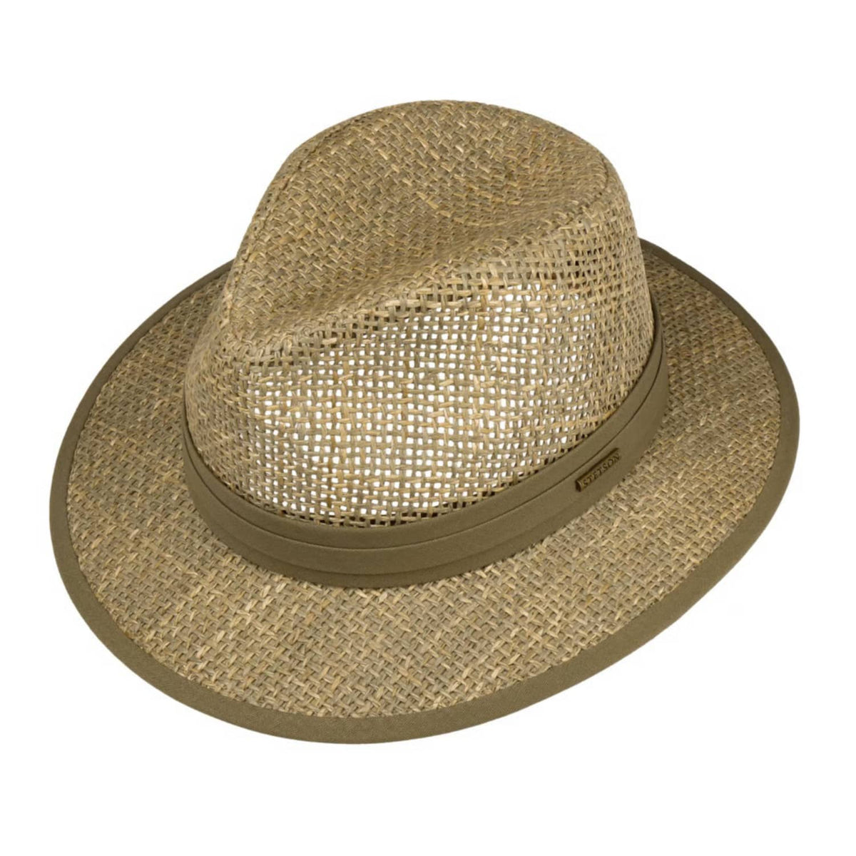 A woven seagrass fedora hat in a natural tan colour with a contrasting olive brown band, shown on a plain white background.