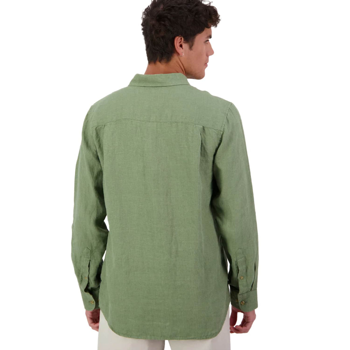 A man wearing a Swanndri sage green long-sleeve linen shirt, shown from the back against a plain white background.