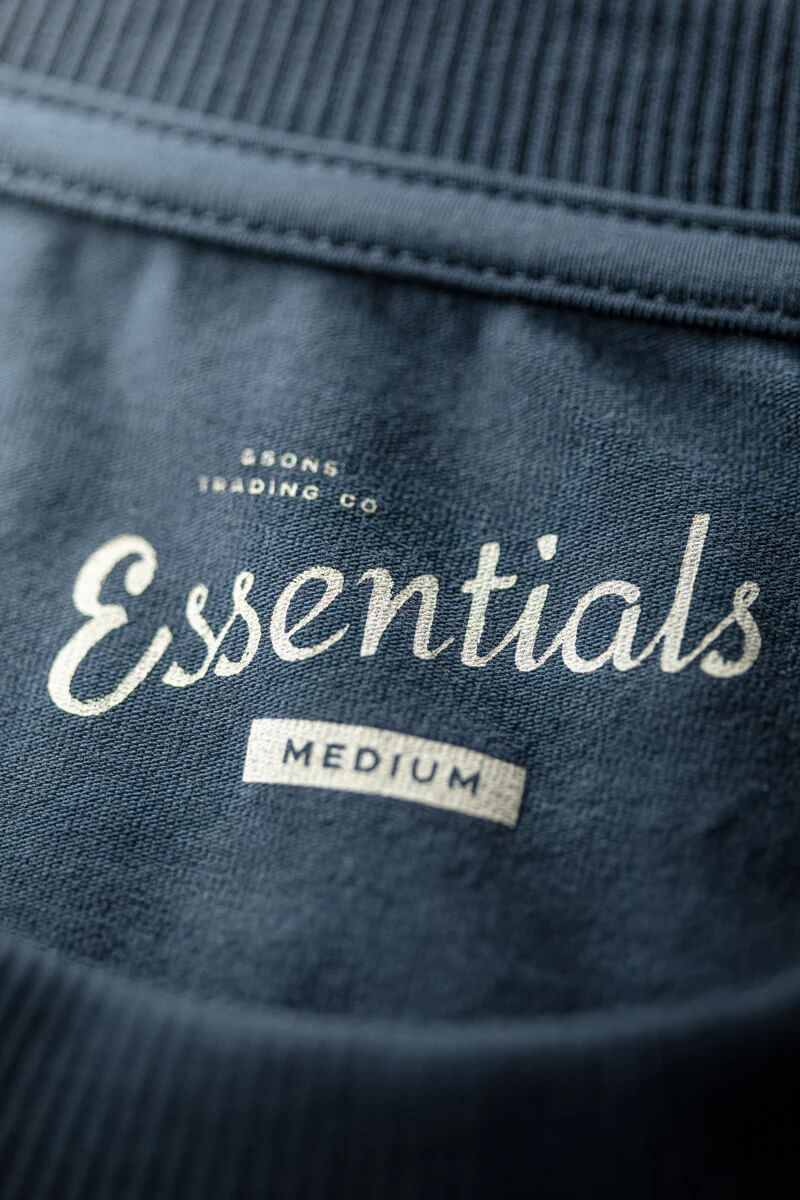 Navy blue sweatshirt with 'Essentials' and 'Medium' text on a close-up of the fabric.