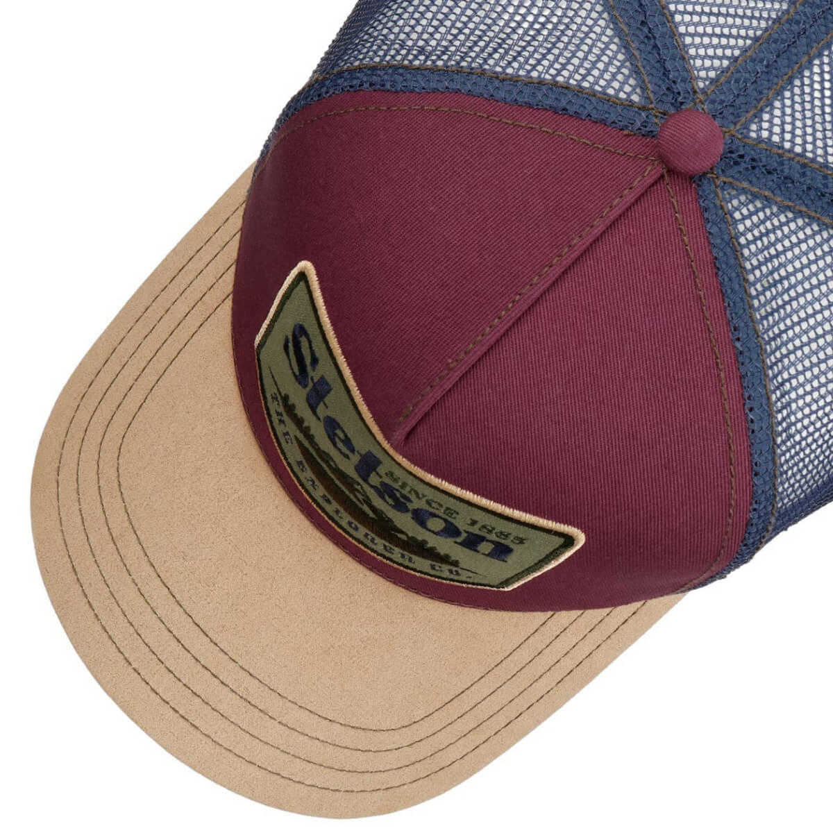 Maroon and beige cap with mesh back on a white background