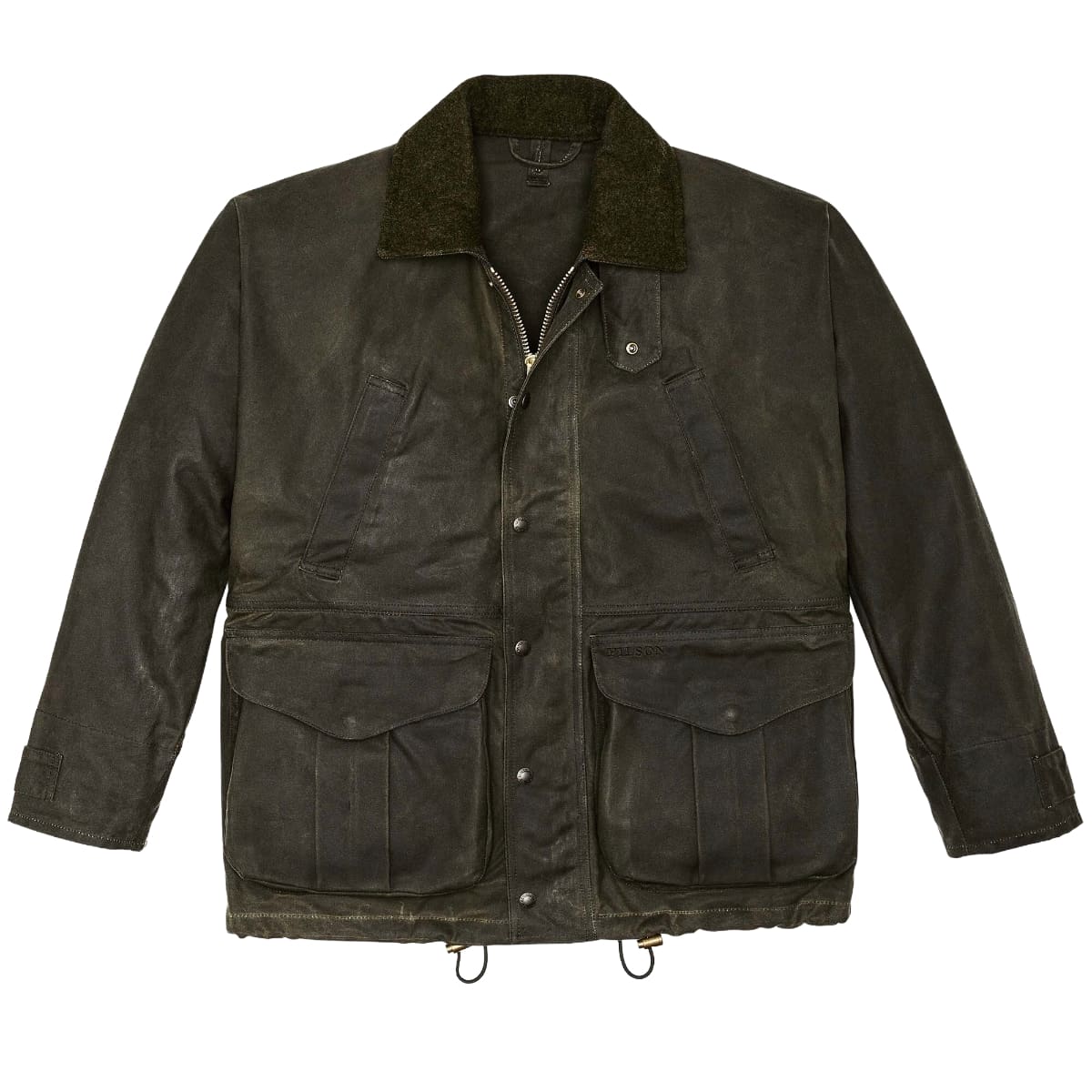 A Filson Tin Cloth Field Jacket with a contrasting dark green fleece collar, shown flat against a white background.