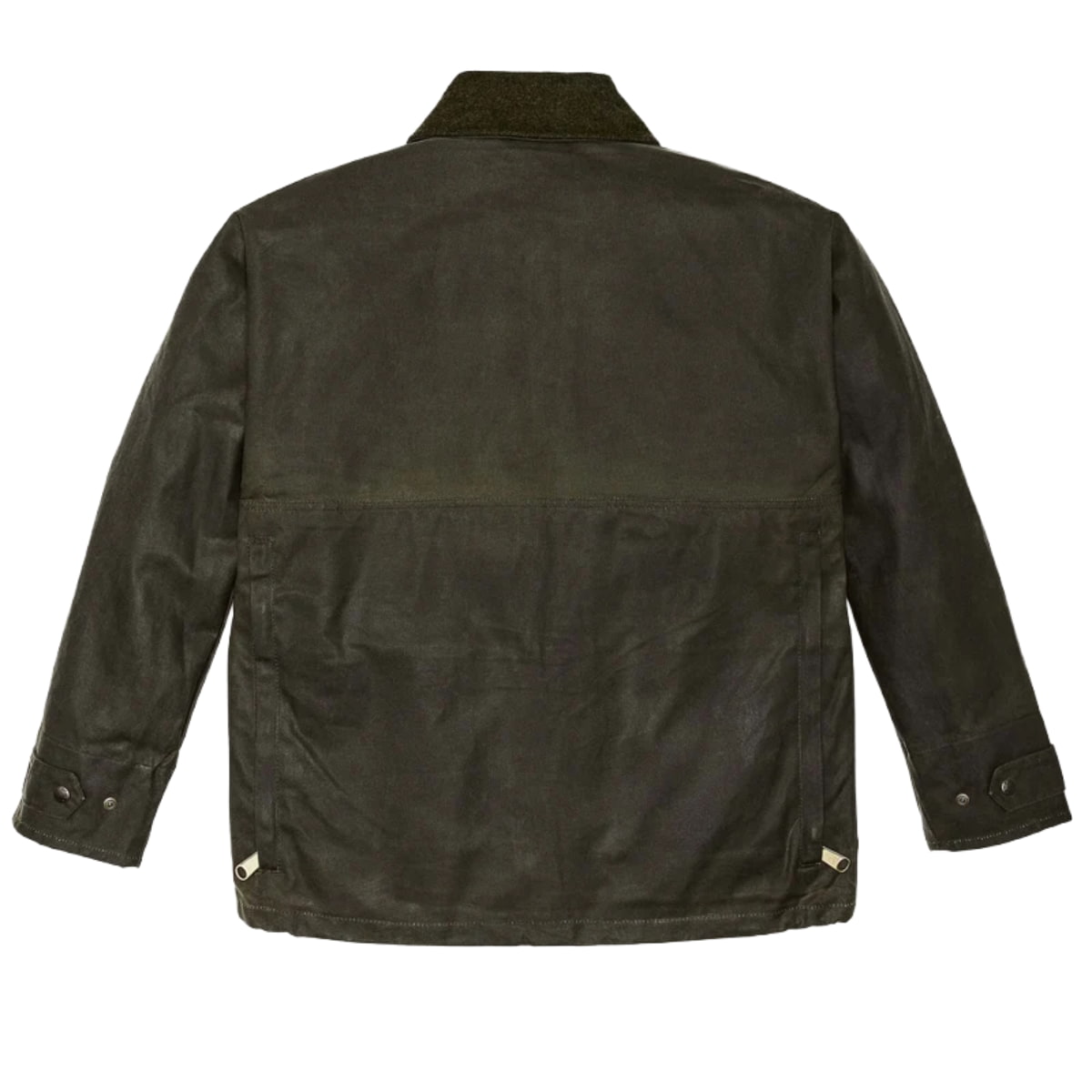 The back view of a Filson Tin Cloth Field Jacket with a contrasting dark green wool collar, displayed on a solid white background.