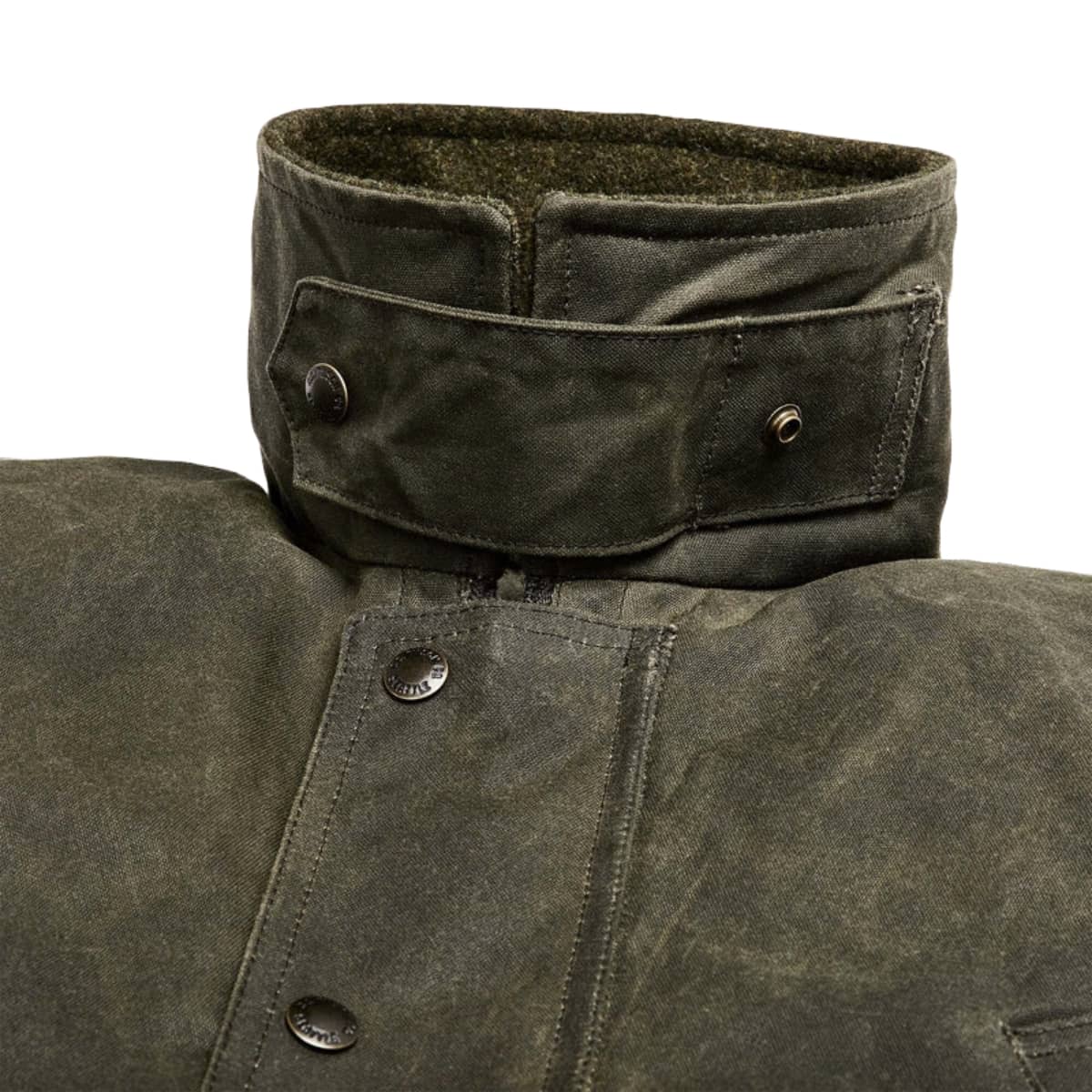 Close-up of a Filson Tin Cloth Field Jacket showing the high collar with snap-button closure and the front button placket.