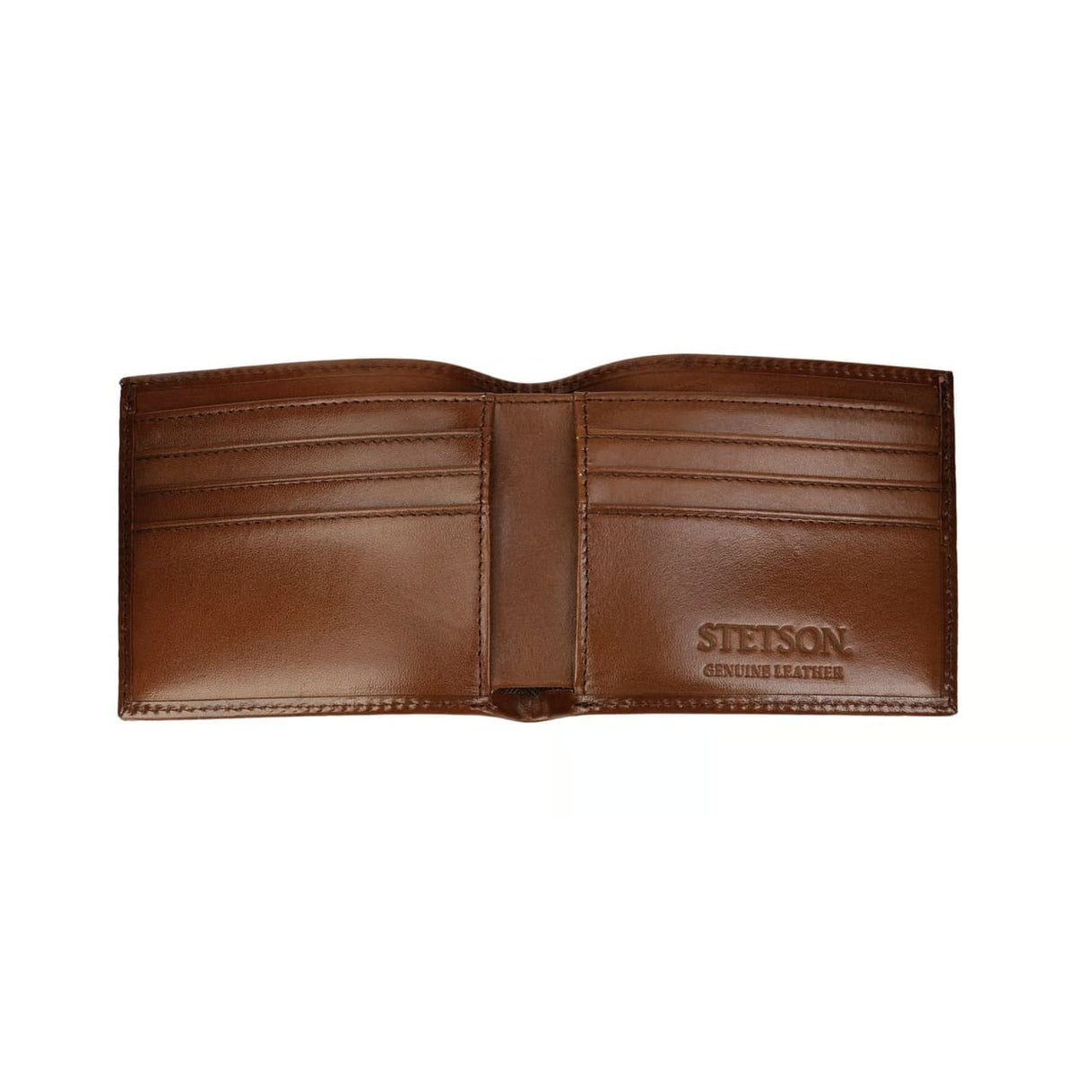 Brown leather wallet with 'Stetson' branding on a white background