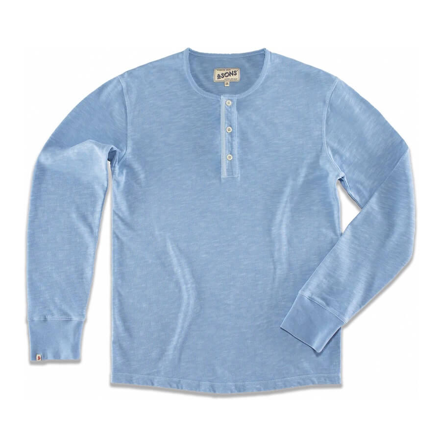 Light blue long-sleeve henley shirt on a white background