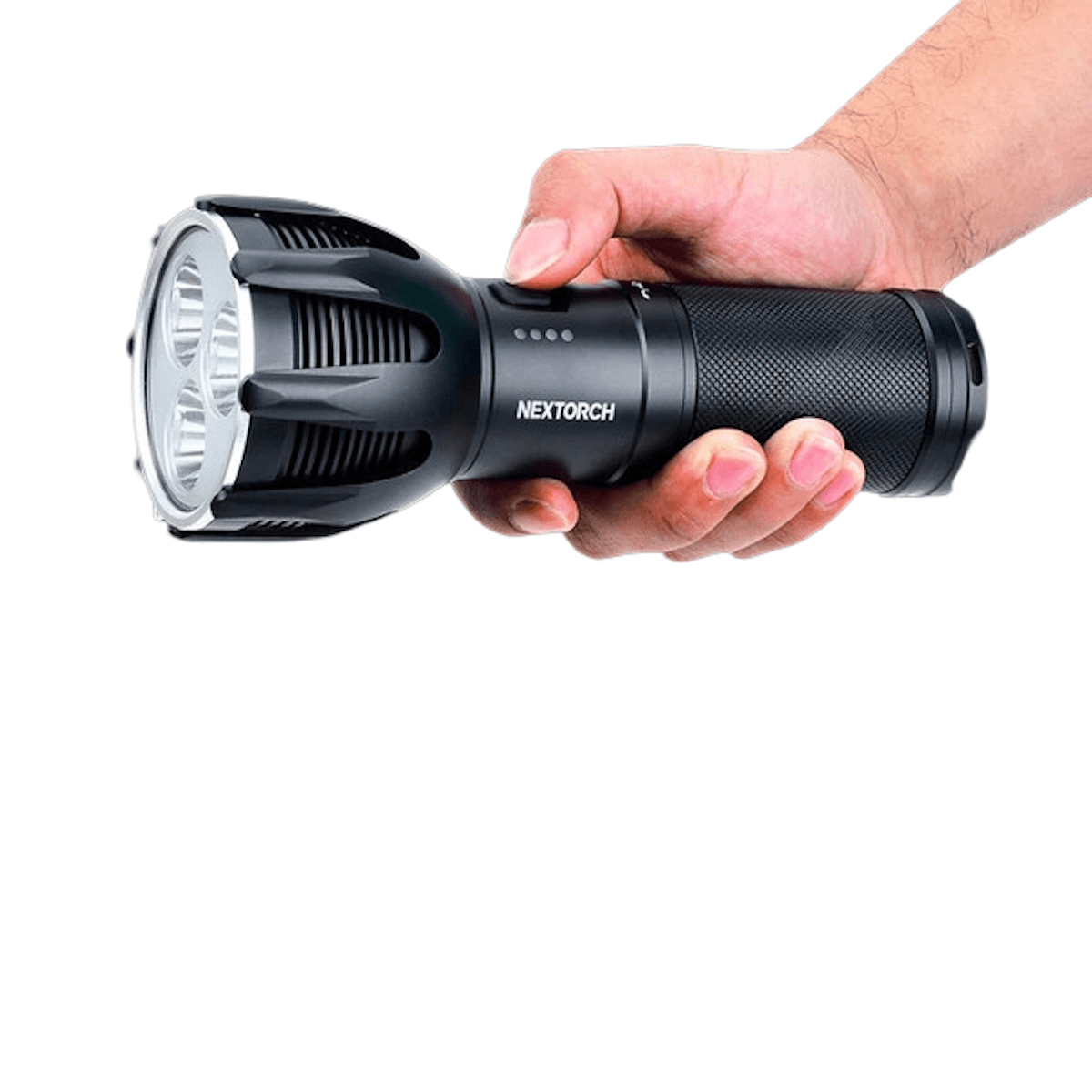 Person holding a black flashlight with &#39;Nextorch&#39; branding on a white background