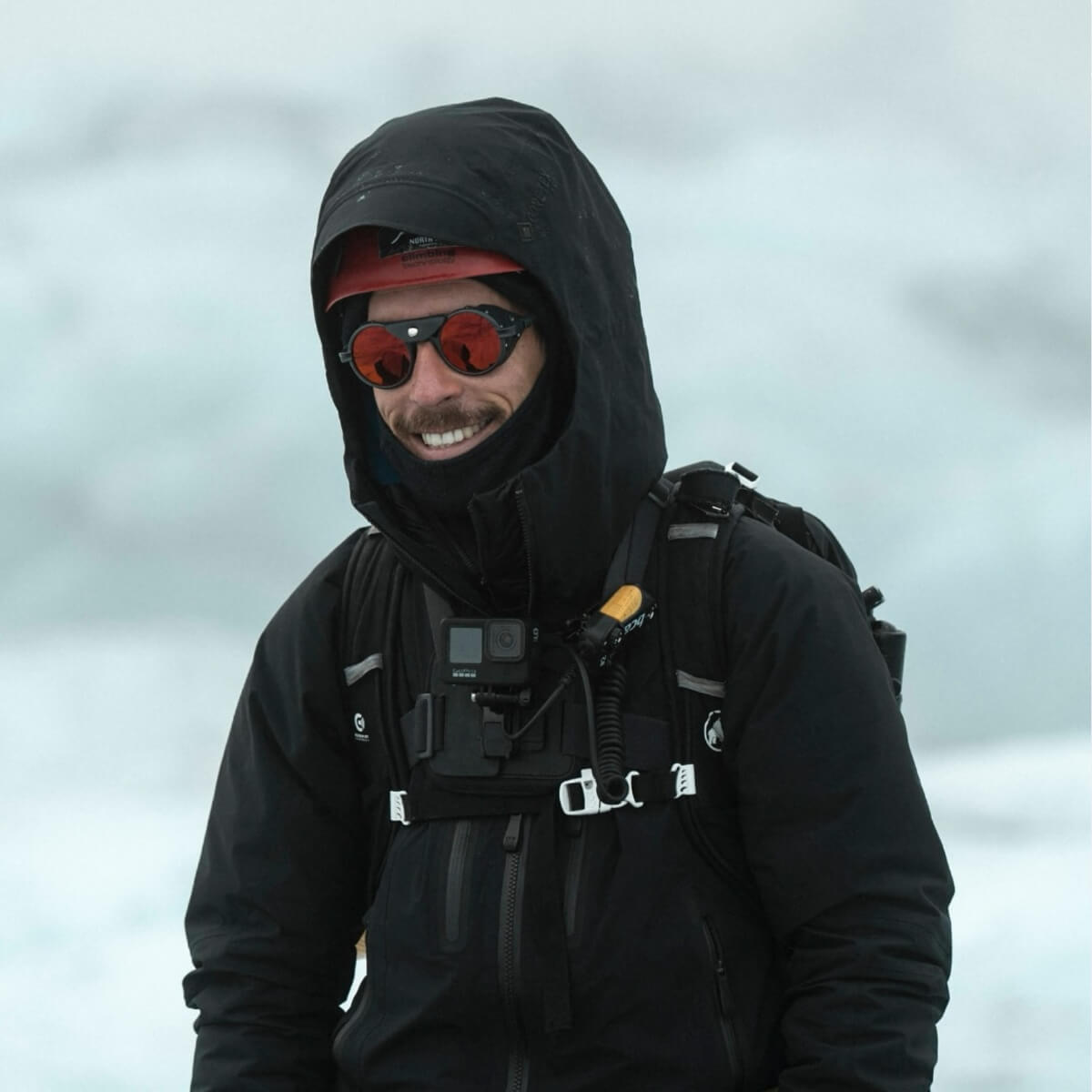 Person wearing a black hooded jacket and sunglasses with a snowy background