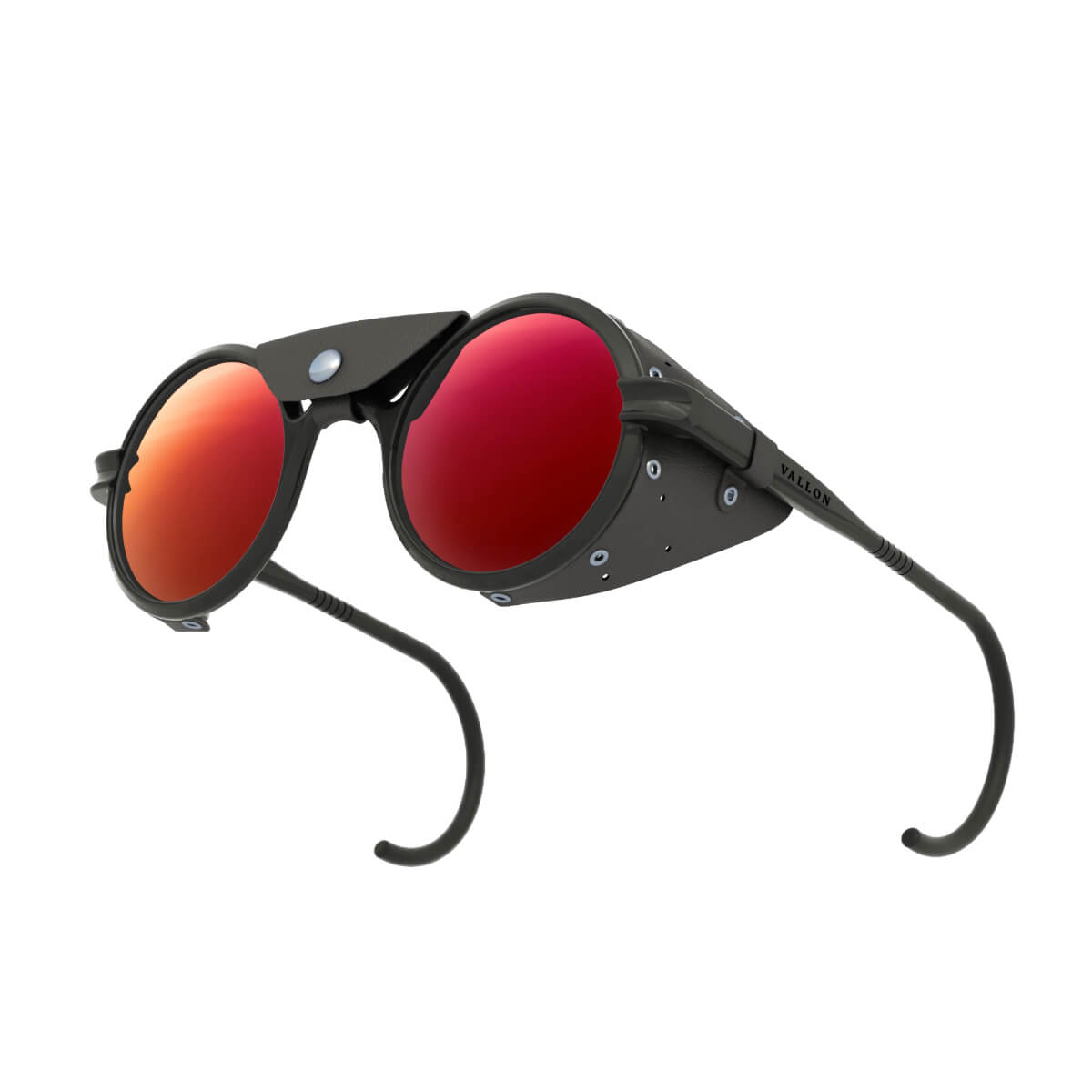 Sunglasses with black frame and red lenses on a white background
