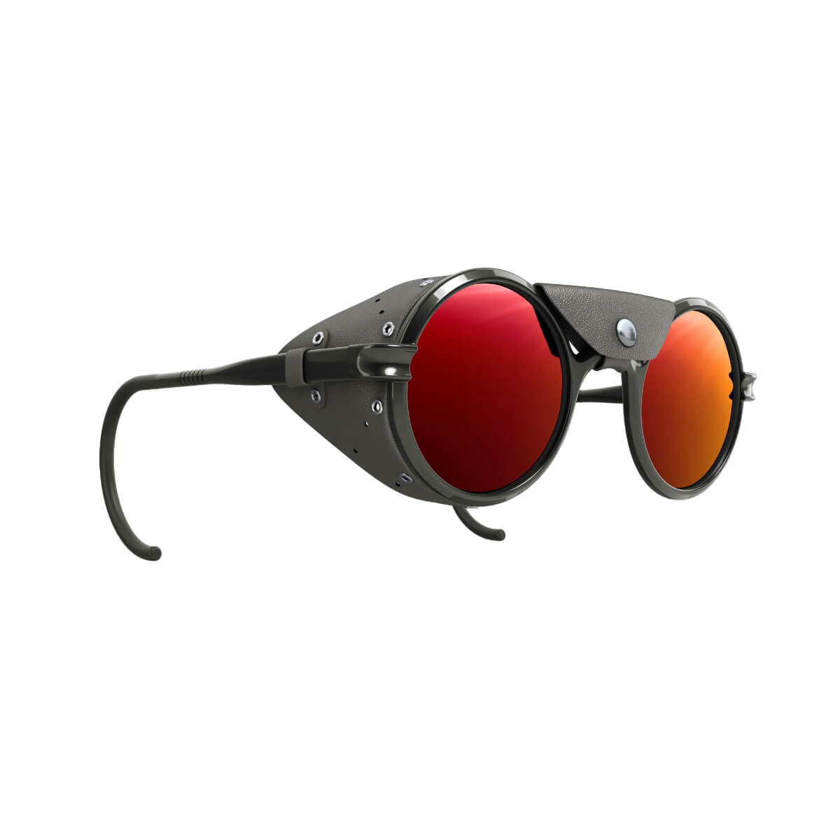Sunglasses with red lenses and black frame on a white background