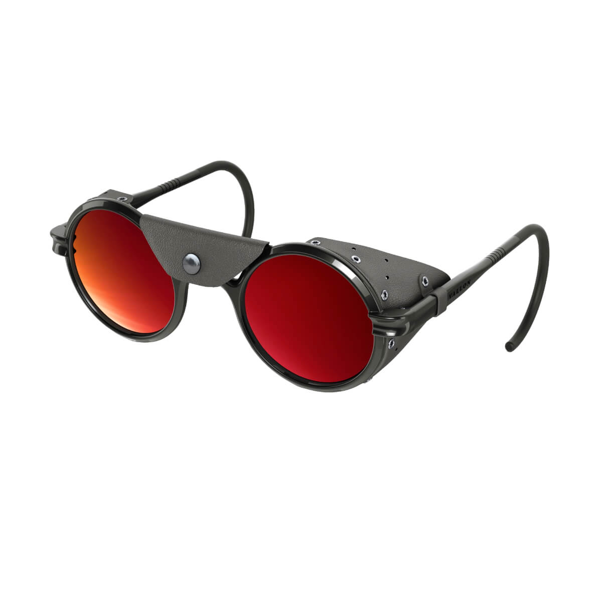 Steampunk-style sunglasses with red lenses on a white background