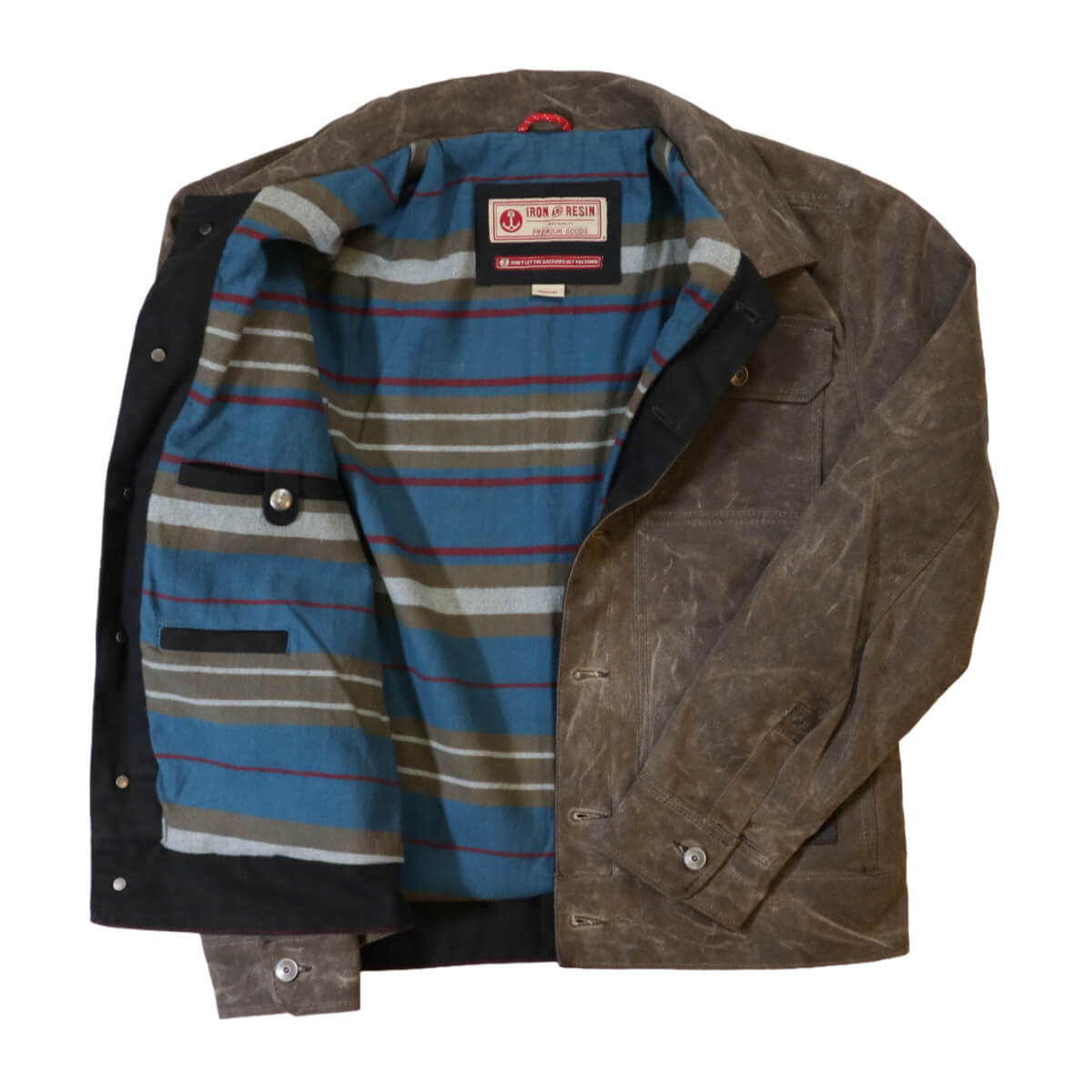 Brown jacket with blue plaid lining on a white background