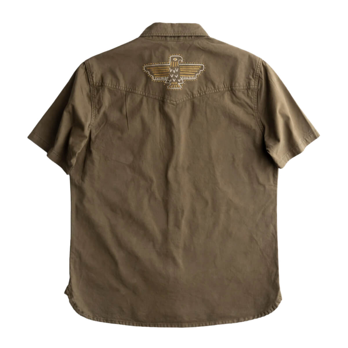 Brown shirt with a logo on the back against a white background