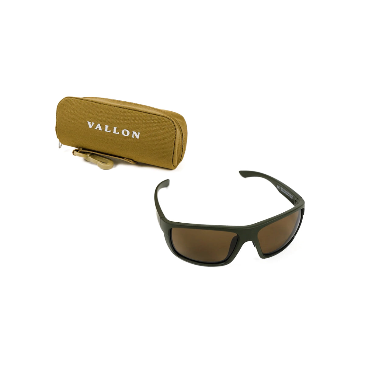 Sunglasses and carrying case with 'Vallon' branding on a white background