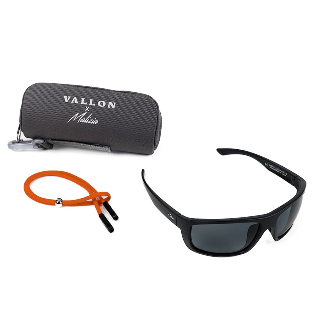 Black sunglasses with orange strap and black case on a white background