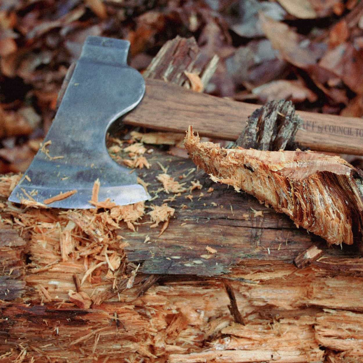 A close-up of a Camp Carver axe with a dark metal head and wooden handle resting on a log surrounded by wood shavings and dry leaves.