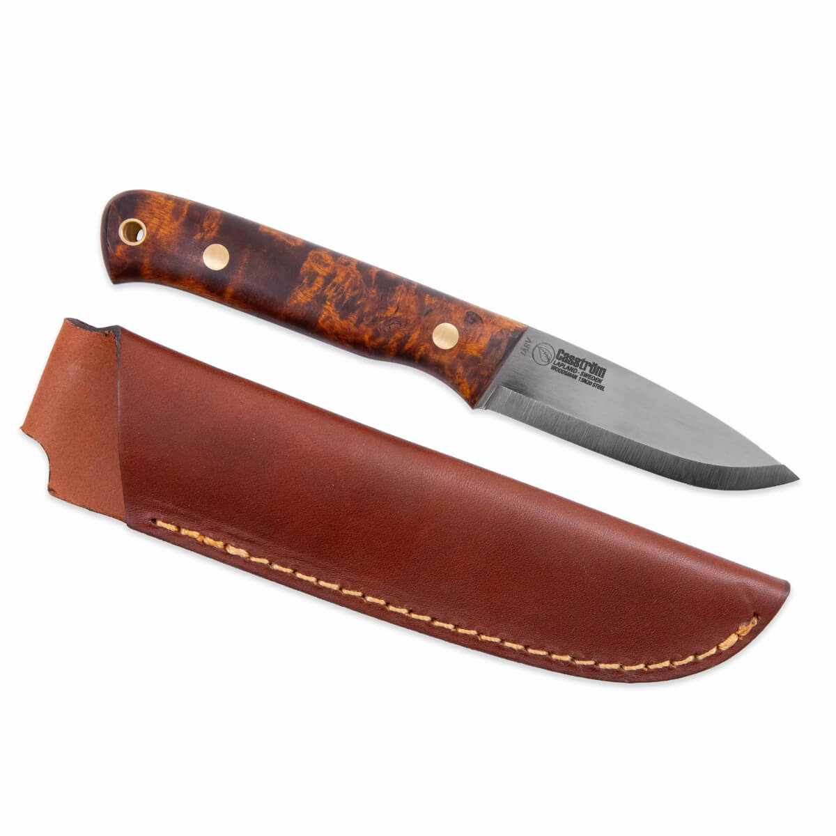 Knife with brown handle and leather sheath on a white background