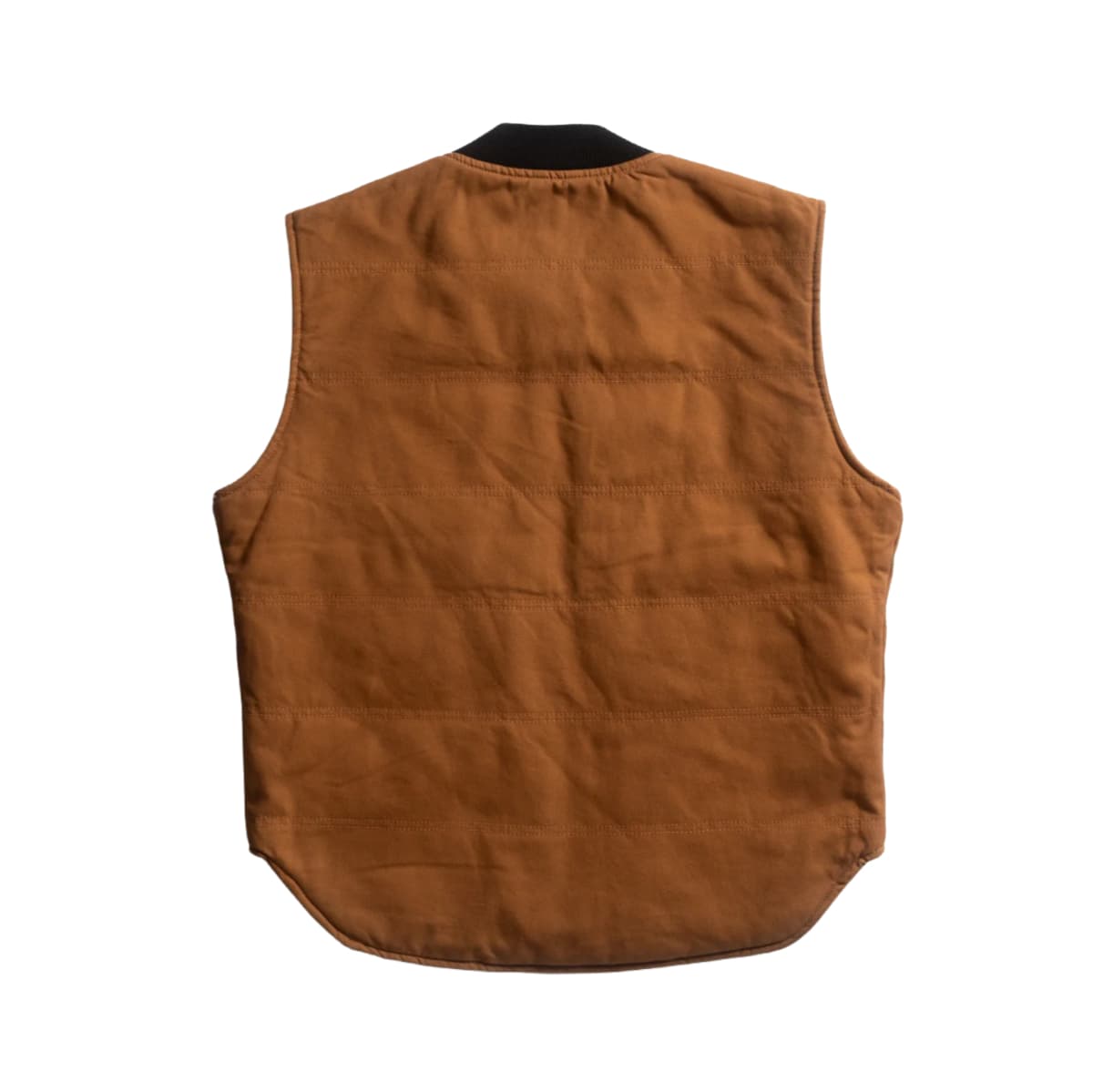 A brown quilted work vest shown from the back, featuring horizontal stitching and a black collar lining, photographed against a solid white background.