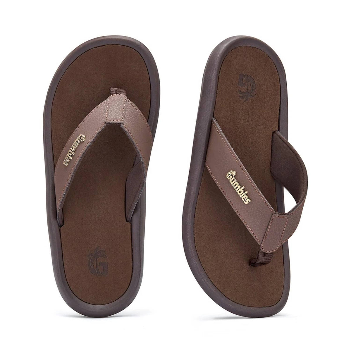 Brown sandals with Gumbies branding on a white background