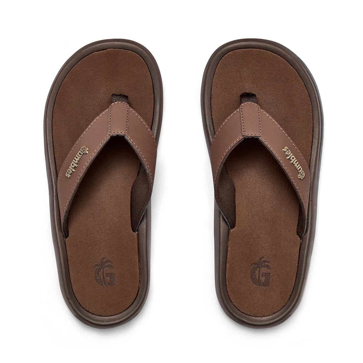 Pair of brown Gumbies flip flops on a white background