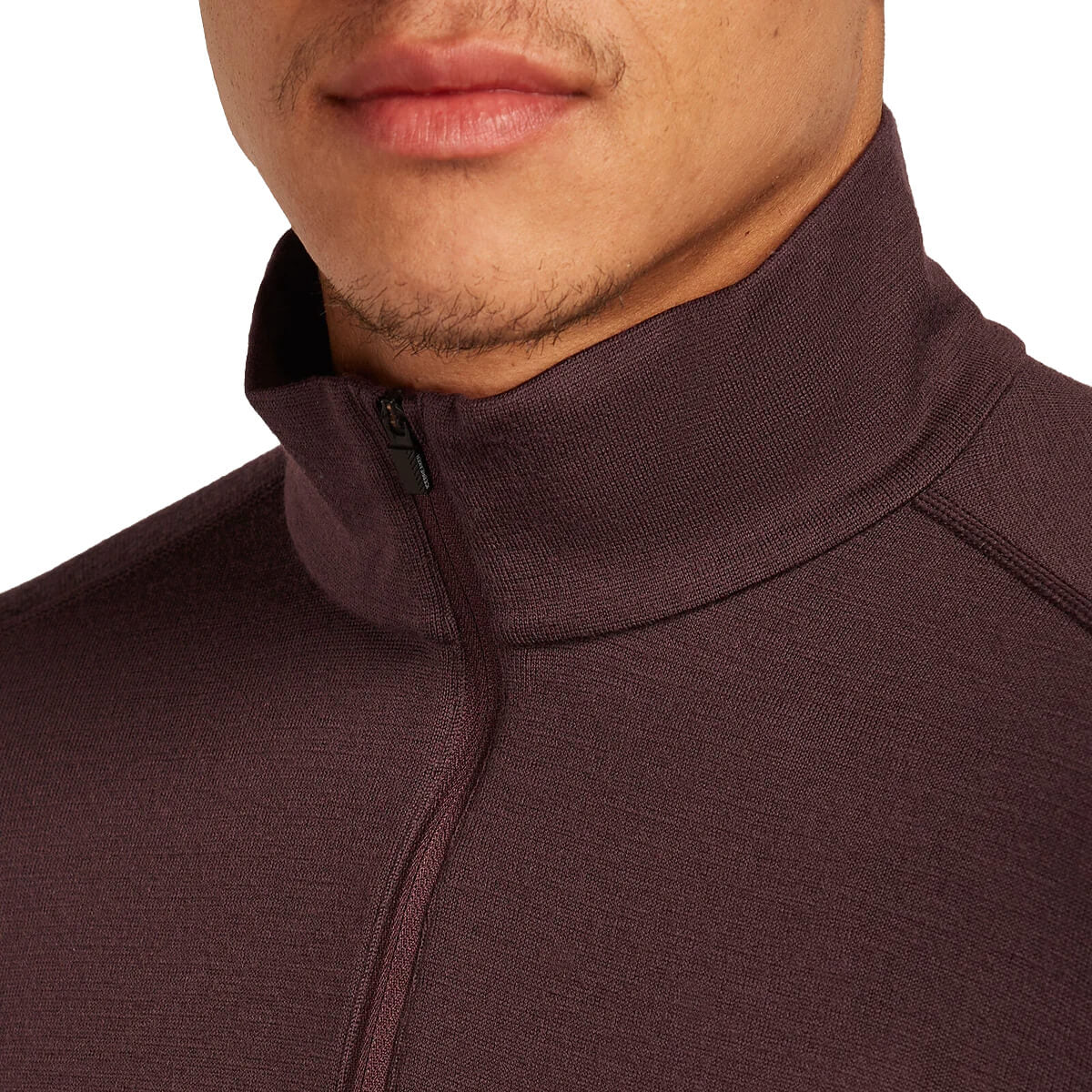Close-up of a person wearing a dark brown zip-up hoodie with a white background