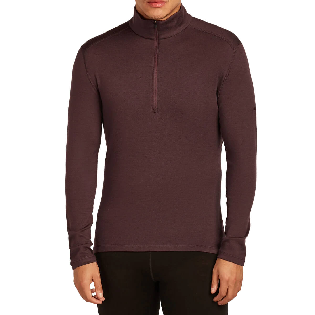 Brown long-sleeve shirt with a quarter zip on a white background
