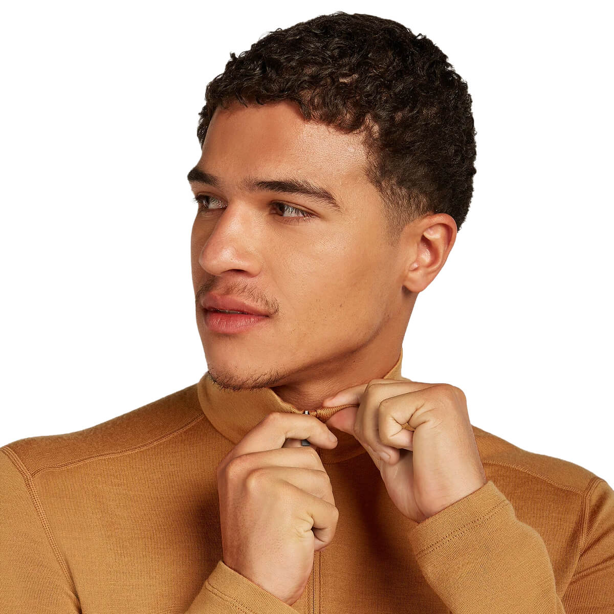 Man adjusting his collar against a white background